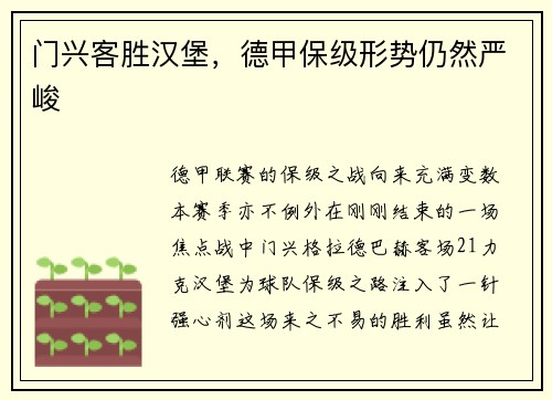 门兴客胜汉堡，德甲保级形势仍然严峻